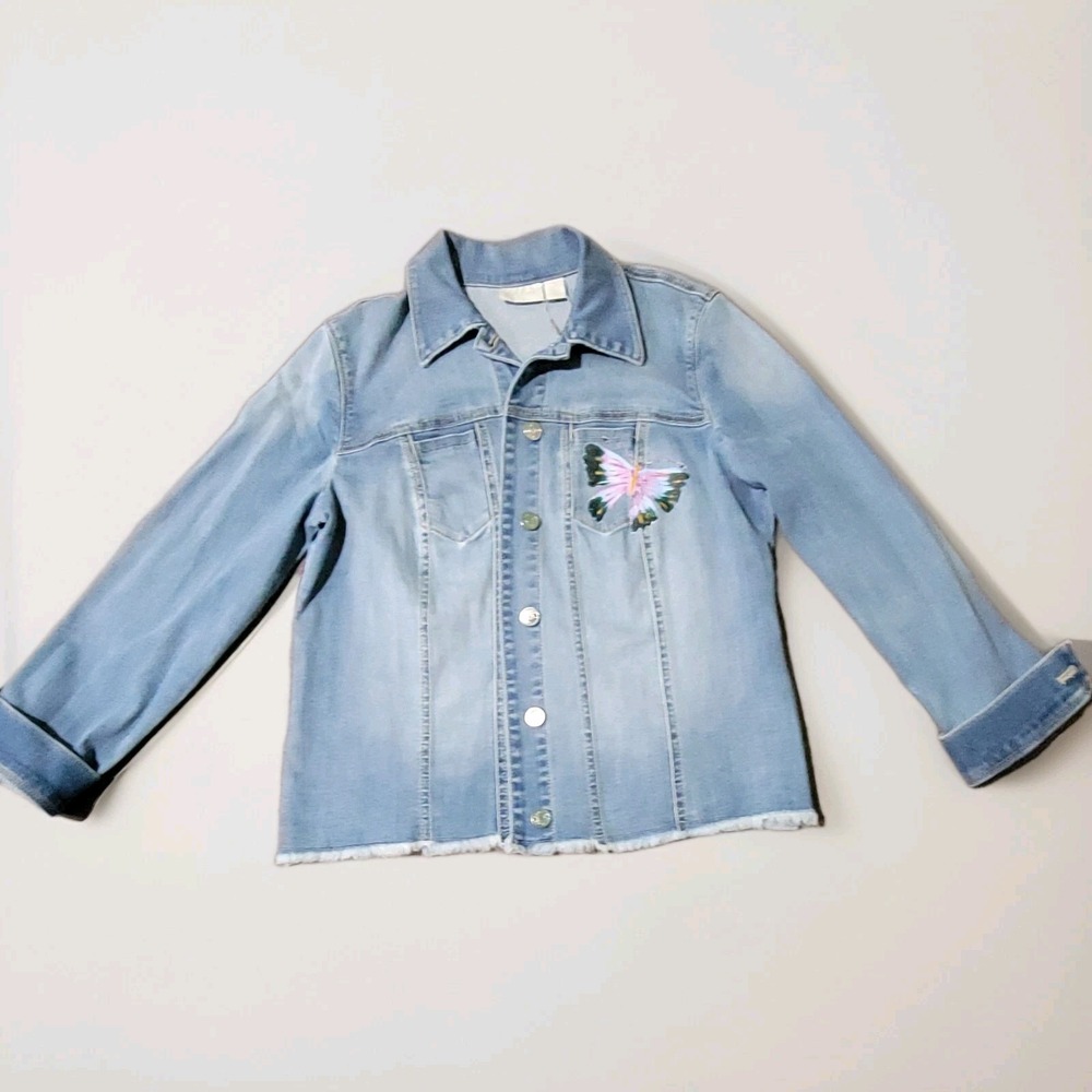 Chicos Womens Denim Jacket Hand Painted Butterflies Fringe Bottom Size 1